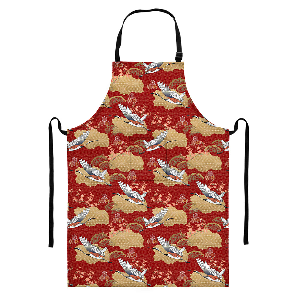 Crane Bird Kimono Pattern Print Bib Apron With Pocket
