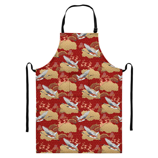 Crane Bird Kimono Pattern Print Bib Apron With Pocket