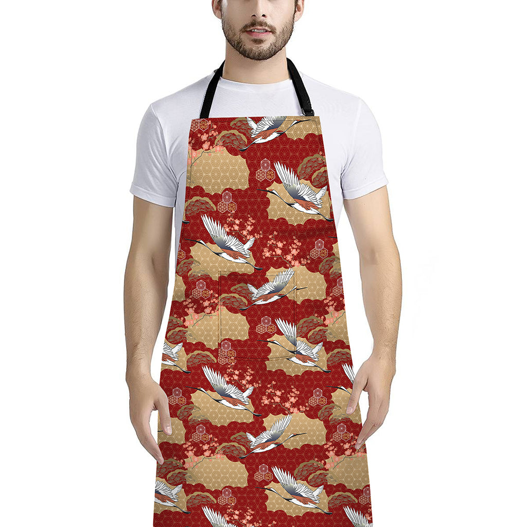 Crane Bird Kimono Pattern Print Bib Apron With Pocket