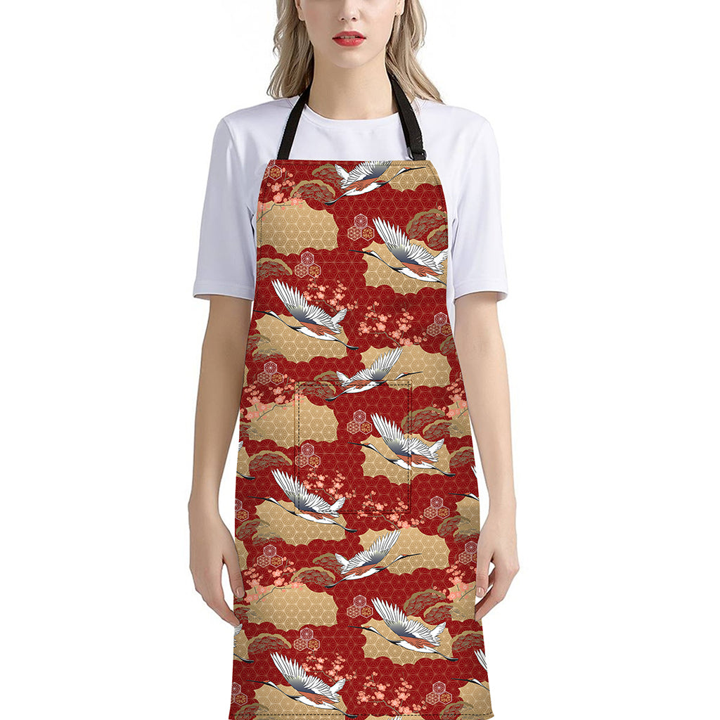 Crane Bird Kimono Pattern Print Bib Apron With Pocket