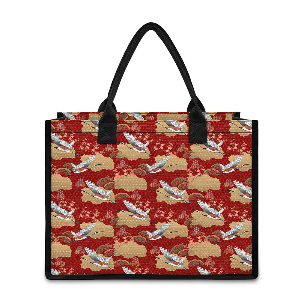 Crane Bird Kimono Pattern Print Canvas Tote Bag