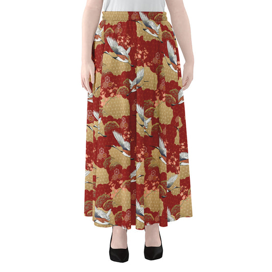 Crane Bird Kimono Pattern Print Chiffon Maxi Skirt