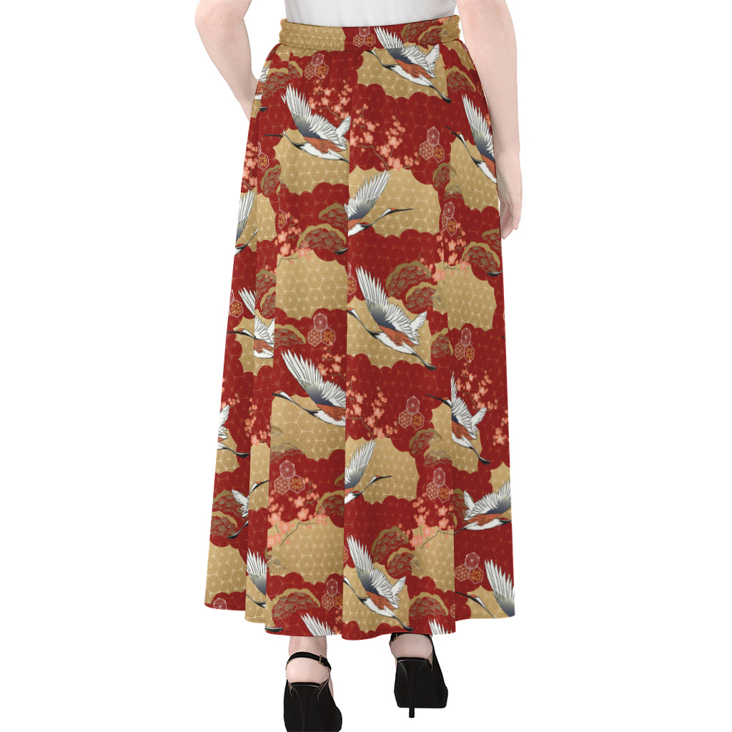 Crane Bird Kimono Pattern Print Chiffon Maxi Skirt