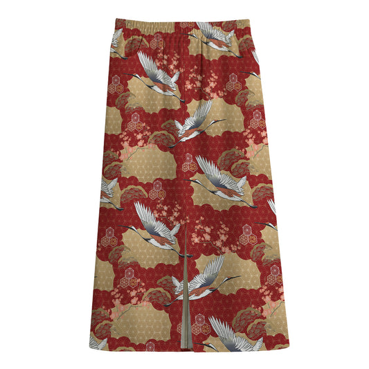 Crane Bird Kimono Pattern Print Cotton Front Slit Maxi Skirt