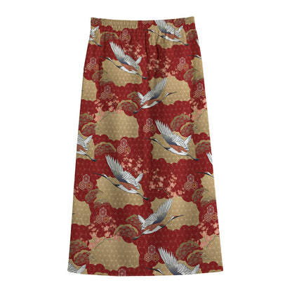 Crane Bird Kimono Pattern Print Cotton Front Slit Maxi Skirt