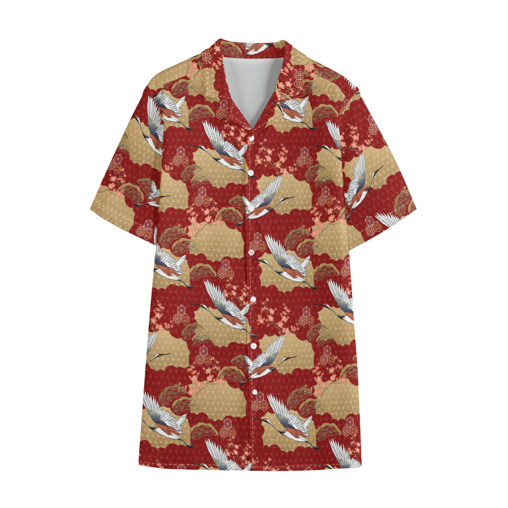 Crane Bird Kimono Pattern Print Cotton Hawaiian Shirt