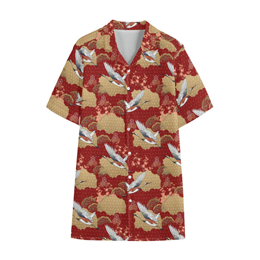 Crane Bird Kimono Pattern Print Cotton Hawaiian Shirt