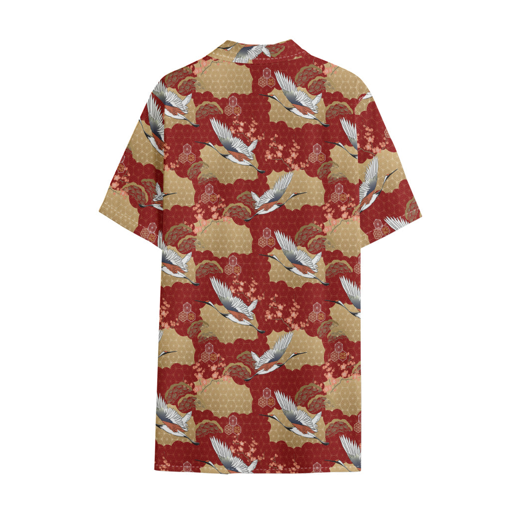 Crane Bird Kimono Pattern Print Cotton Hawaiian Shirt