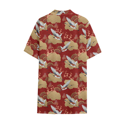 Crane Bird Kimono Pattern Print Cotton Hawaiian Shirt