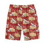 Crane Bird Kimono Pattern Print Cotton Shorts