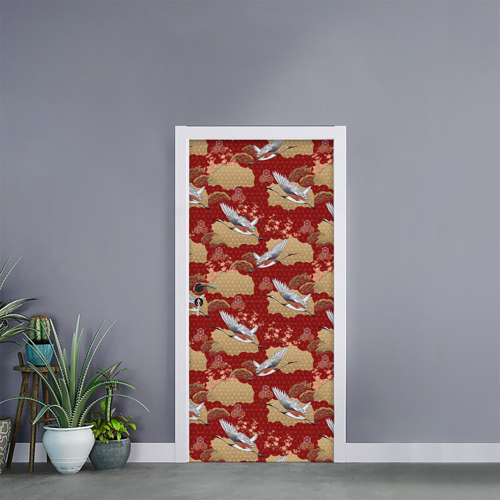 Crane Bird Kimono Pattern Print Door Sticker