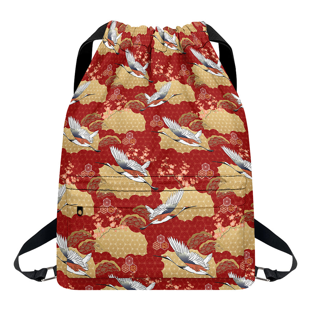 Crane Bird Kimono Pattern Print Drawstring Backpack