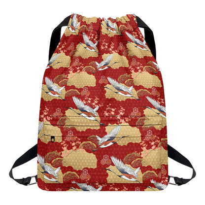 Crane Bird Kimono Pattern Print Drawstring Backpack