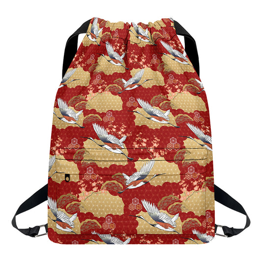 Crane Bird Kimono Pattern Print Drawstring Backpack