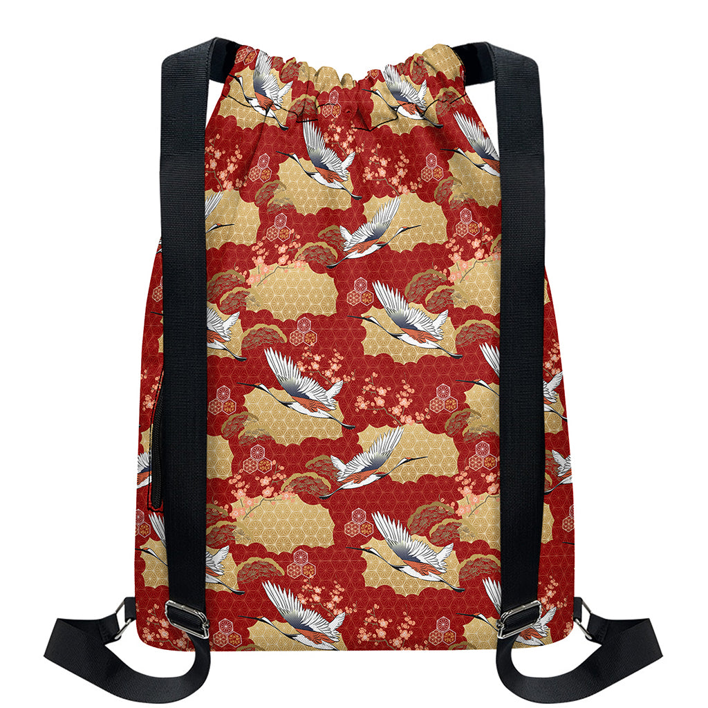 Crane Bird Kimono Pattern Print Drawstring Backpack