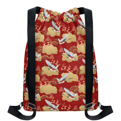Crane Bird Kimono Pattern Print Drawstring Backpack