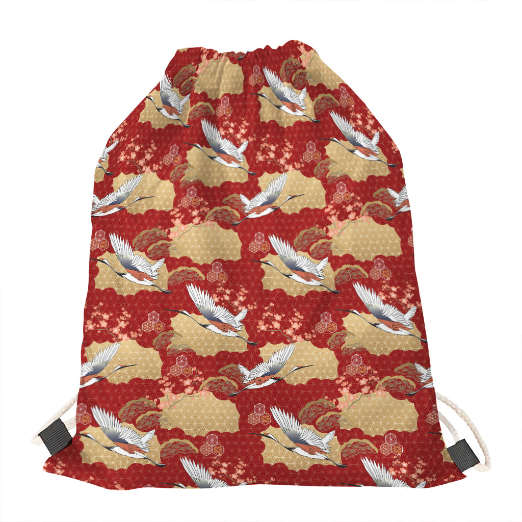 Crane Bird Kimono Pattern Print Drawstring Bag