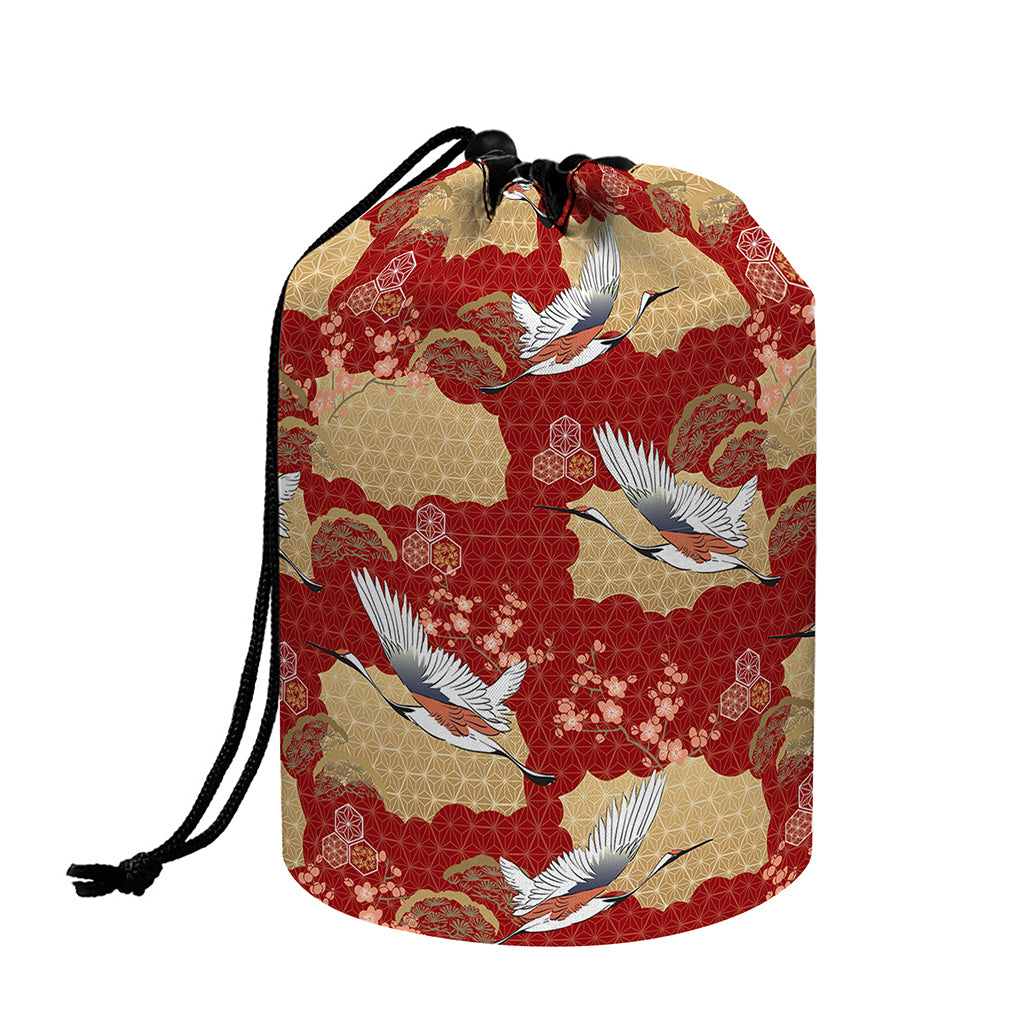 Crane Bird Kimono Pattern Print Drawstring Makeup Bag