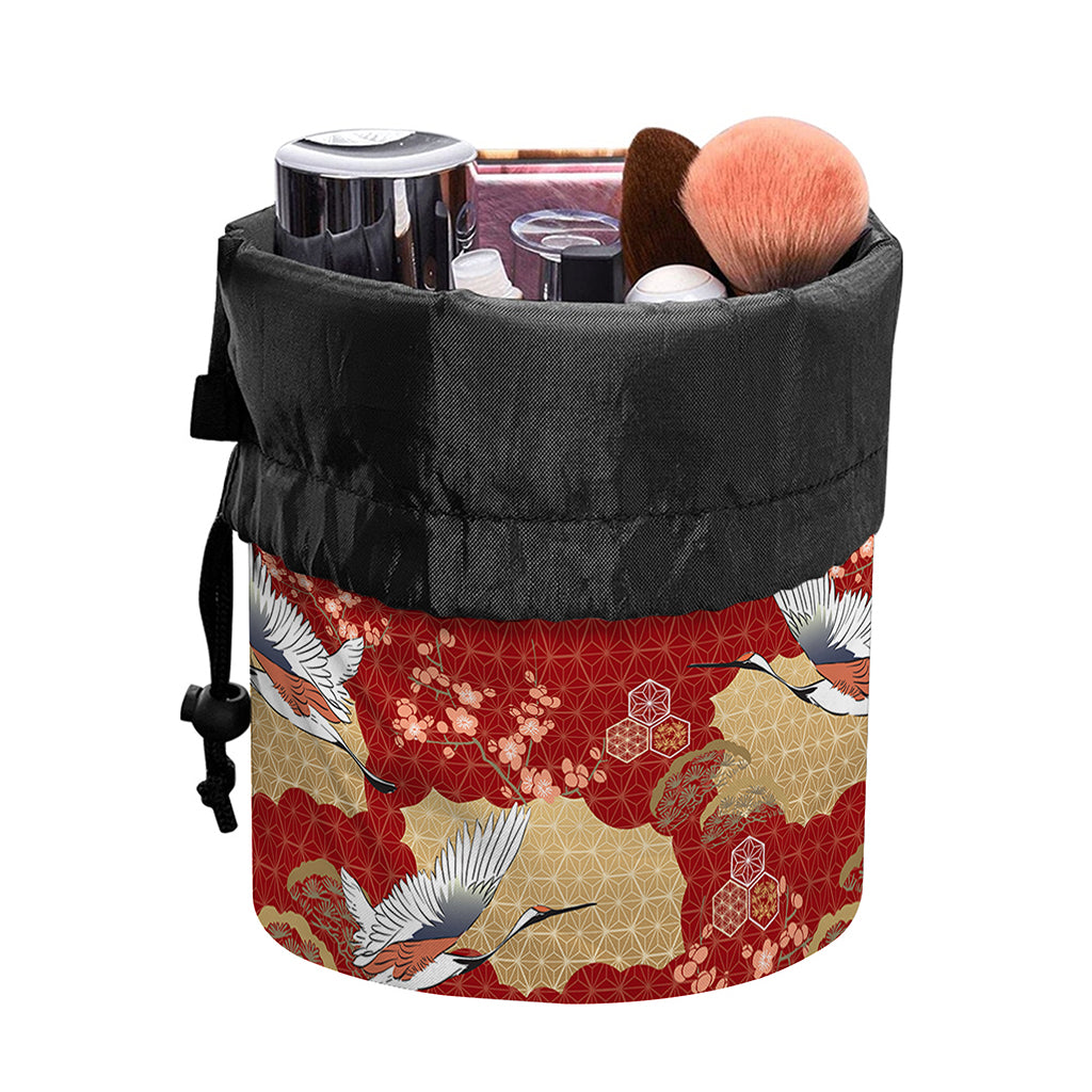 Crane Bird Kimono Pattern Print Drawstring Makeup Bag