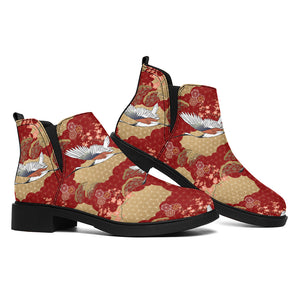 Crane Bird Kimono Pattern Print Flat Ankle Boots