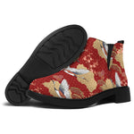 Crane Bird Kimono Pattern Print Flat Ankle Boots