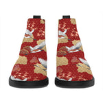 Crane Bird Kimono Pattern Print Flat Ankle Boots