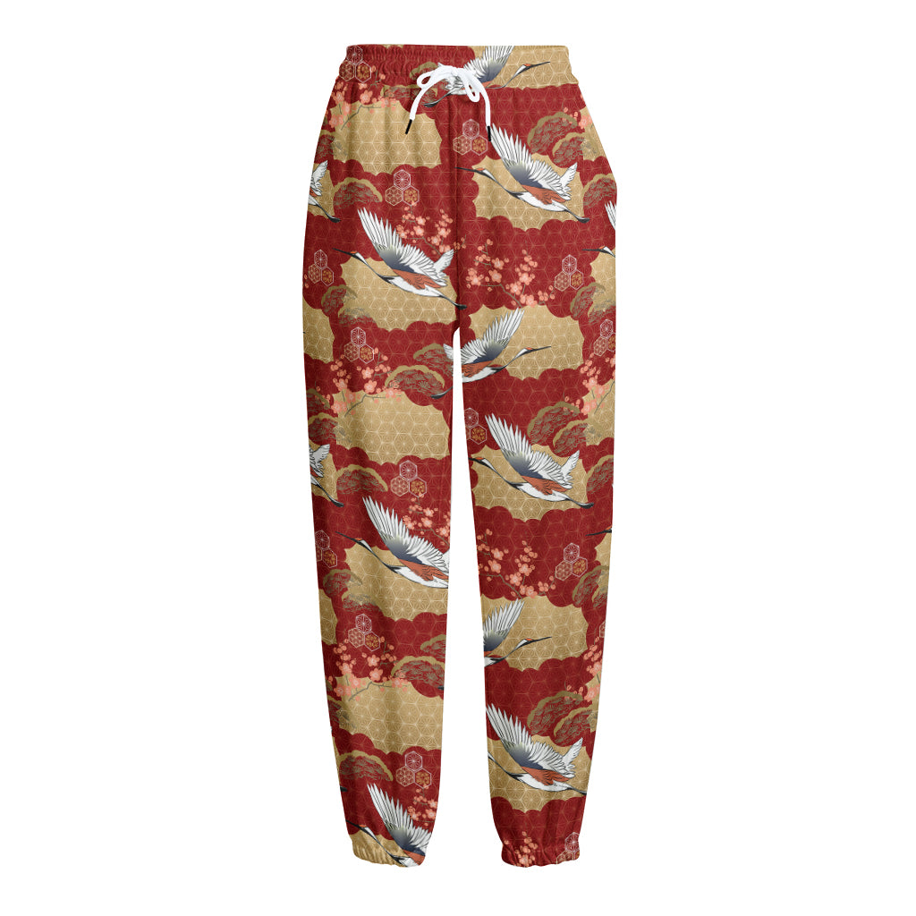 Crane Bird Kimono Pattern Print Fleece Lined Knit Pants