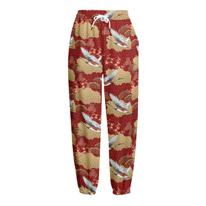 Crane Bird Kimono Pattern Print Fleece Lined Knit Pants