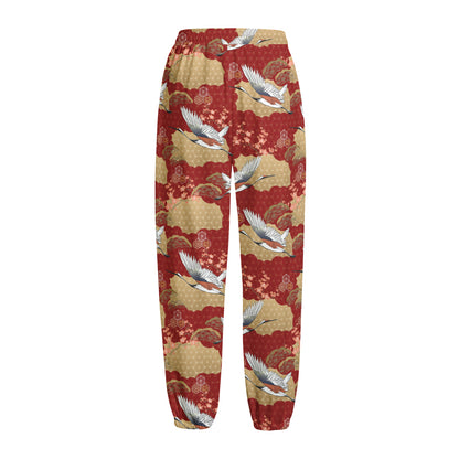 Crane Bird Kimono Pattern Print Fleece Lined Knit Pants