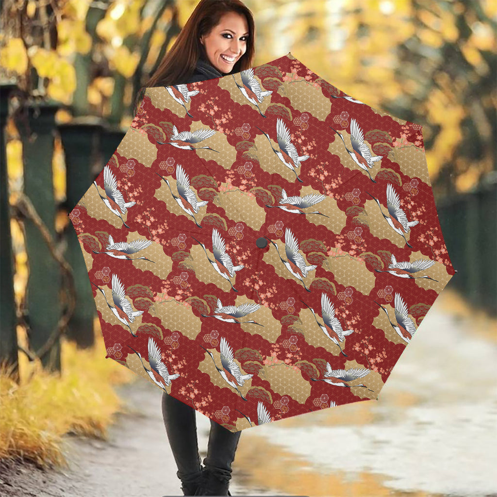 Crane Bird Kimono Pattern Print Foldable Umbrella