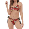 Crane Bird Kimono Pattern Print Halter Scoop Tie Side Bikini