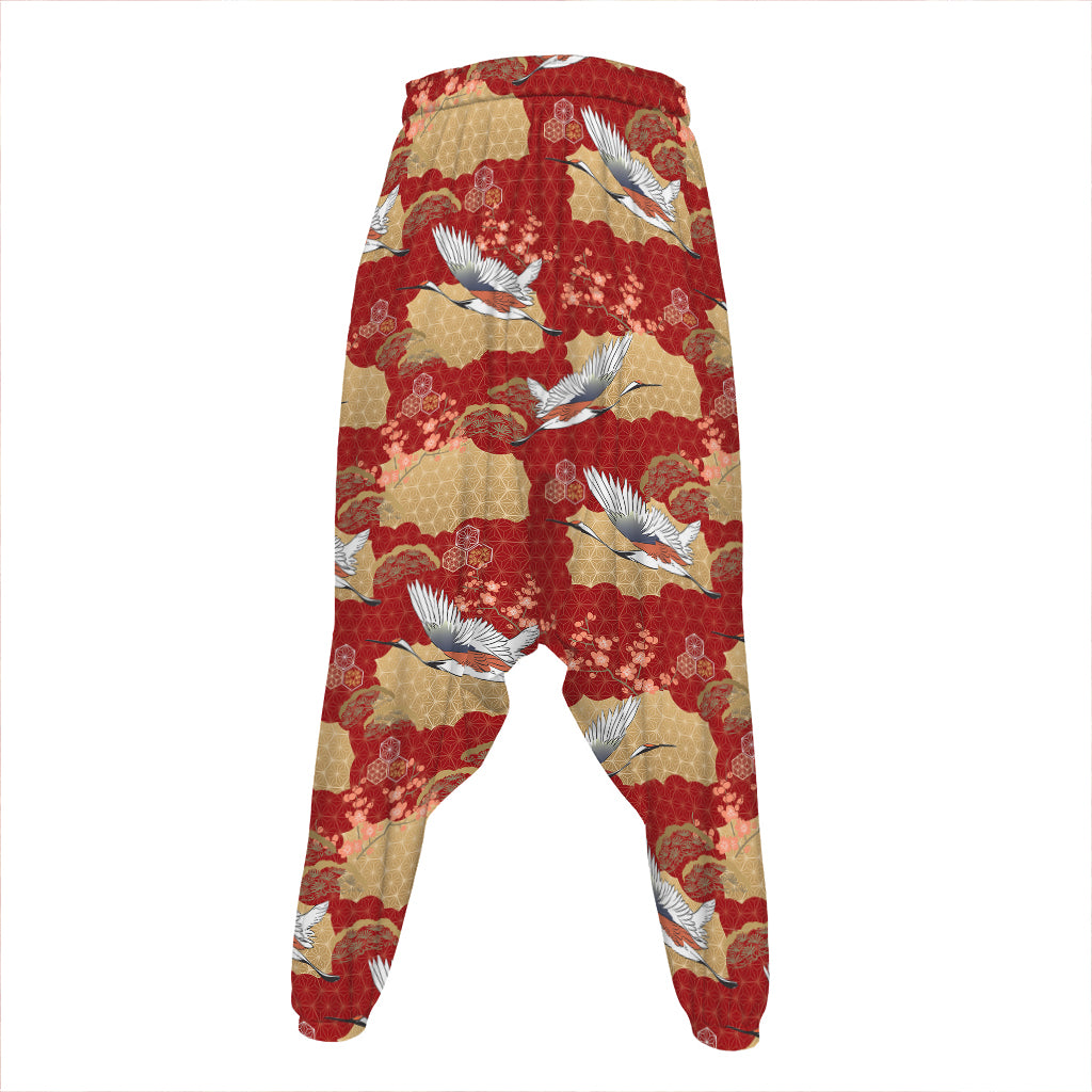 Crane Bird Kimono Pattern Print Hammer Pants