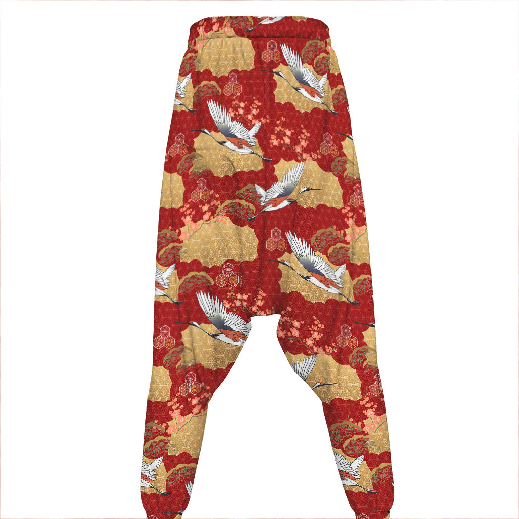 Crane Bird Kimono Pattern Print Hammer Pants