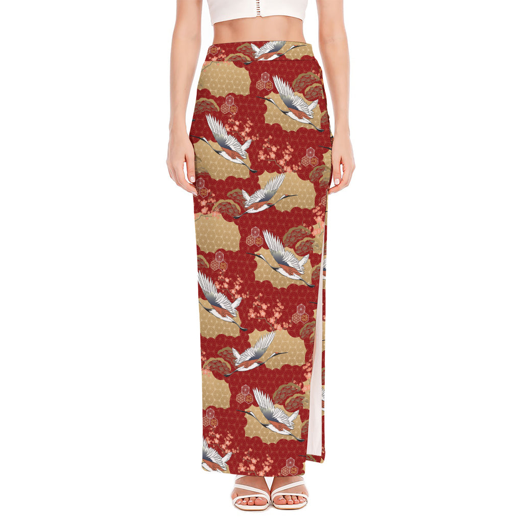 Crane Bird Kimono Pattern Print High Slit Maxi Skirt