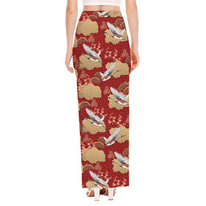 Crane Bird Kimono Pattern Print High Slit Maxi Skirt