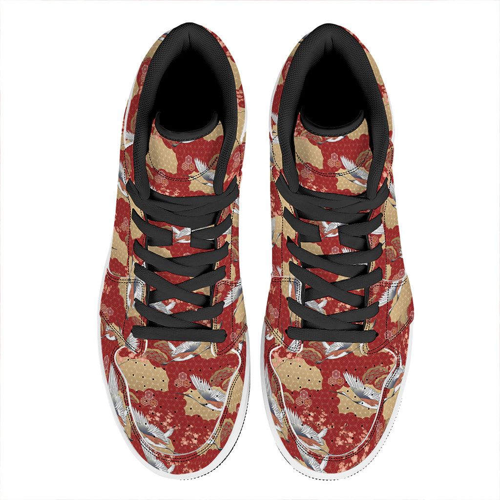 Crane Bird Kimono Pattern Print High Top Leather Sneakers