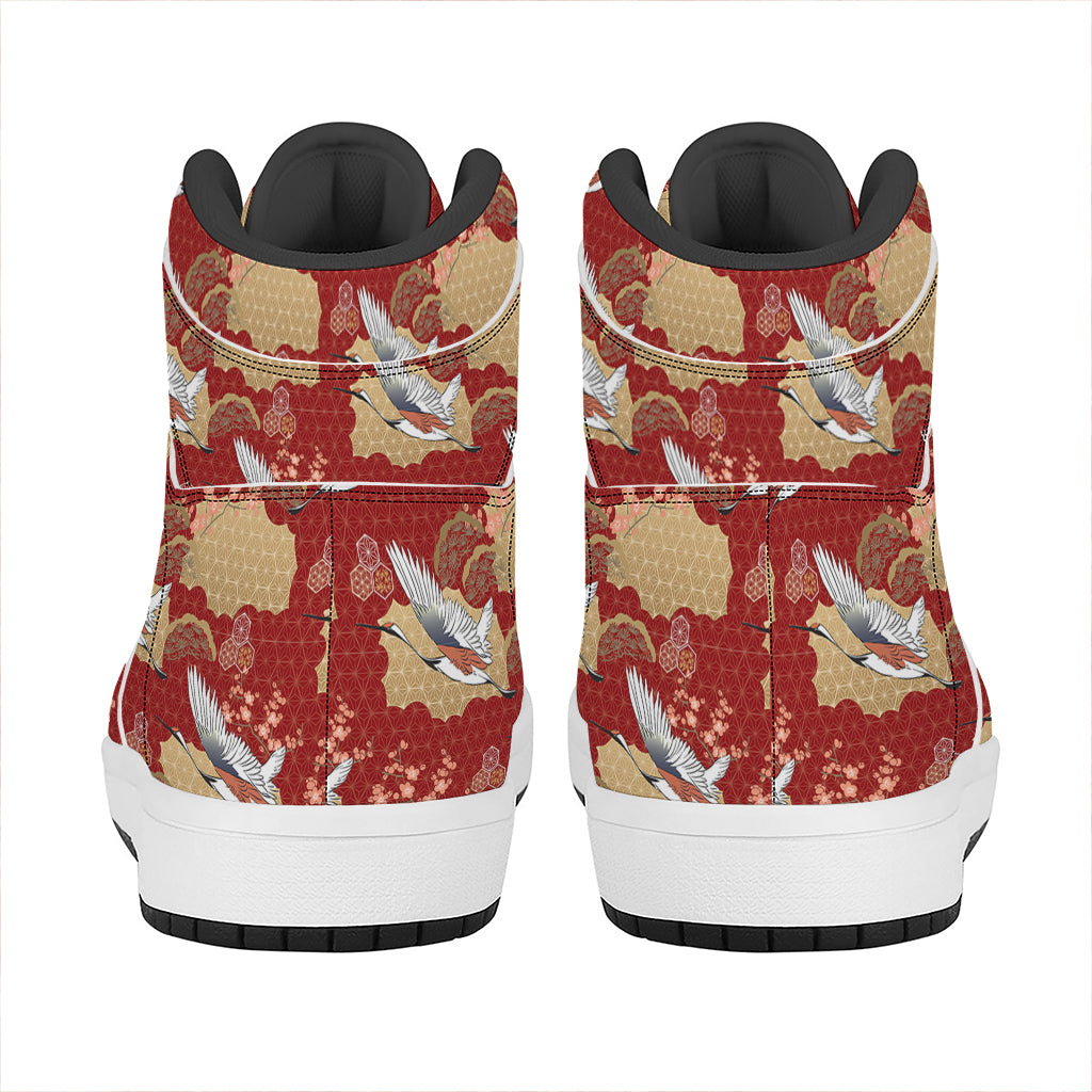 Crane Bird Kimono Pattern Print High Top Leather Sneakers