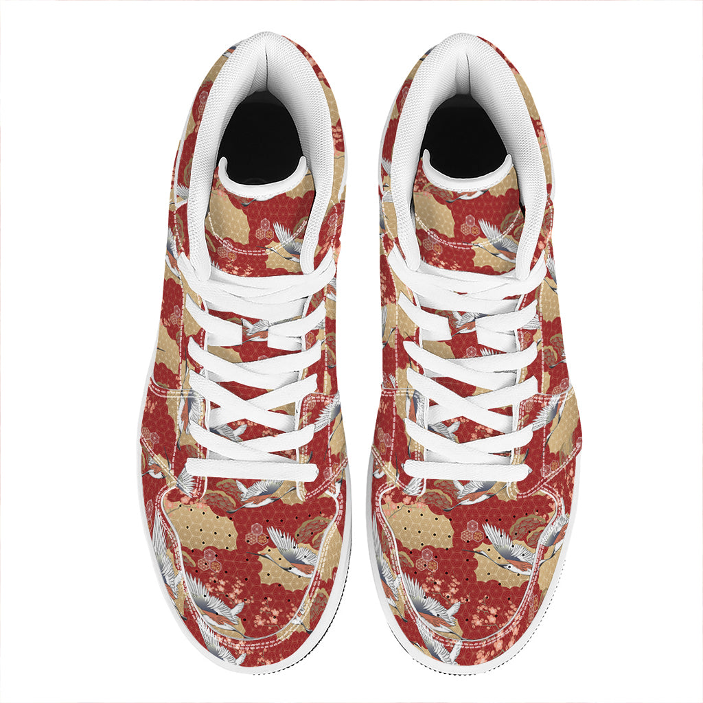 Crane Bird Kimono Pattern Print High Top Leather Sneakers