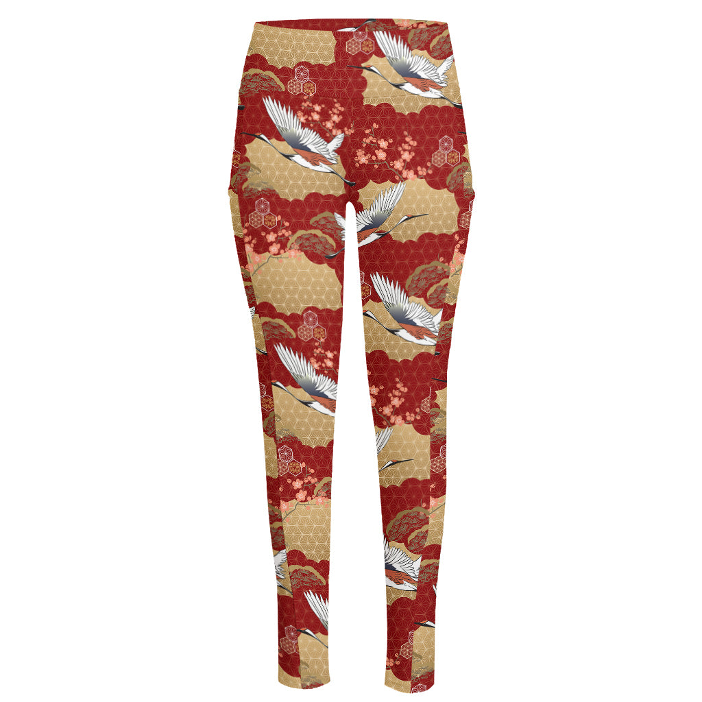 Crane Bird Kimono Pattern Print High-Waisted Pocket Leggings