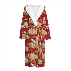 Crane Bird Kimono Pattern Print Hooded Bathrobe