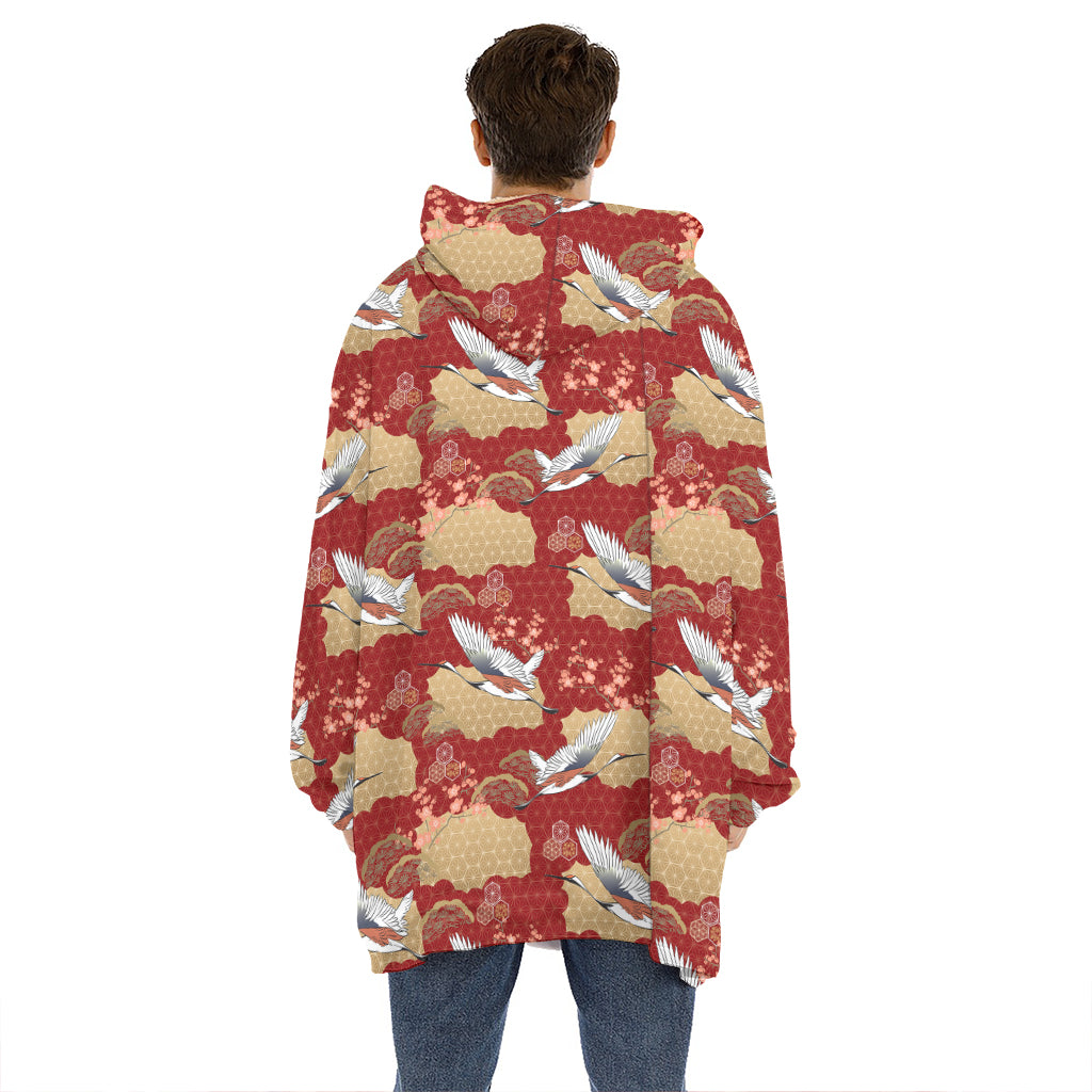 Crane Bird Kimono Pattern Print Hoodie Blanket