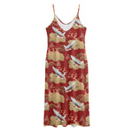 Crane Bird Kimono Pattern Print Jersey Midi Cami Dress