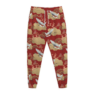 Crane Bird Kimono Pattern Print Jogger Pants