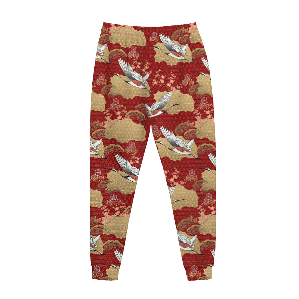 Crane Bird Kimono Pattern Print Jogger Pants