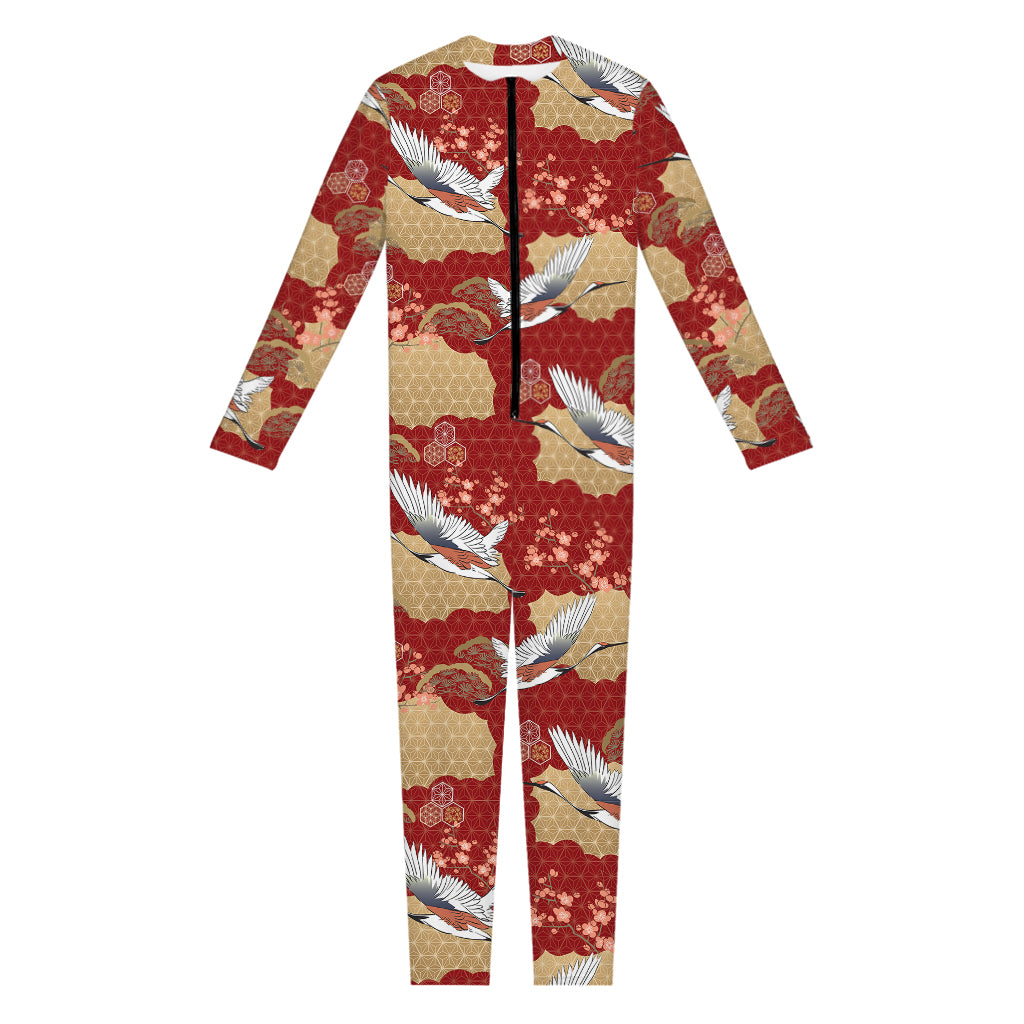 Crane Bird Kimono Pattern Print Jumpsuit