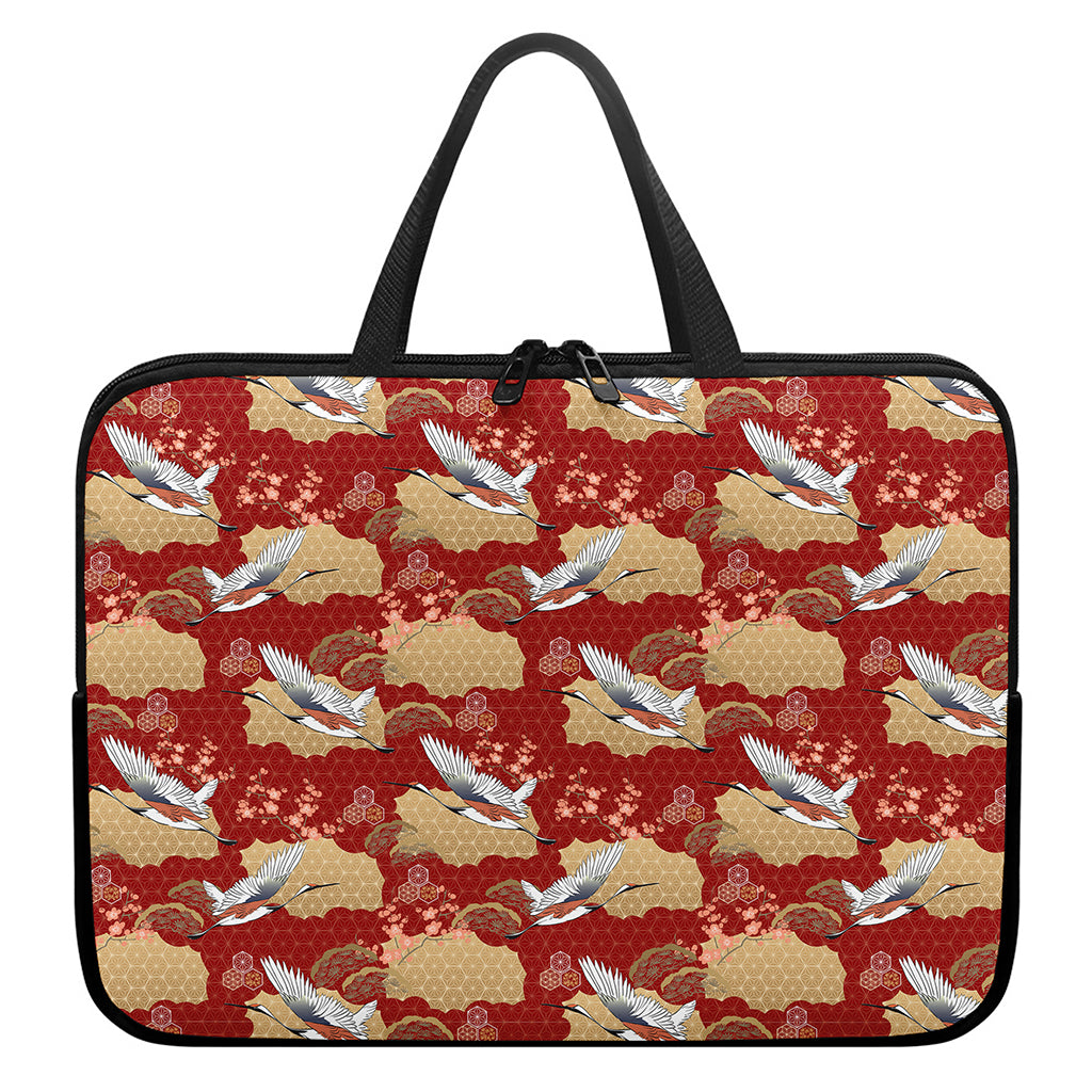Crane Bird Kimono Pattern Print Laptop Sleeve With Handle