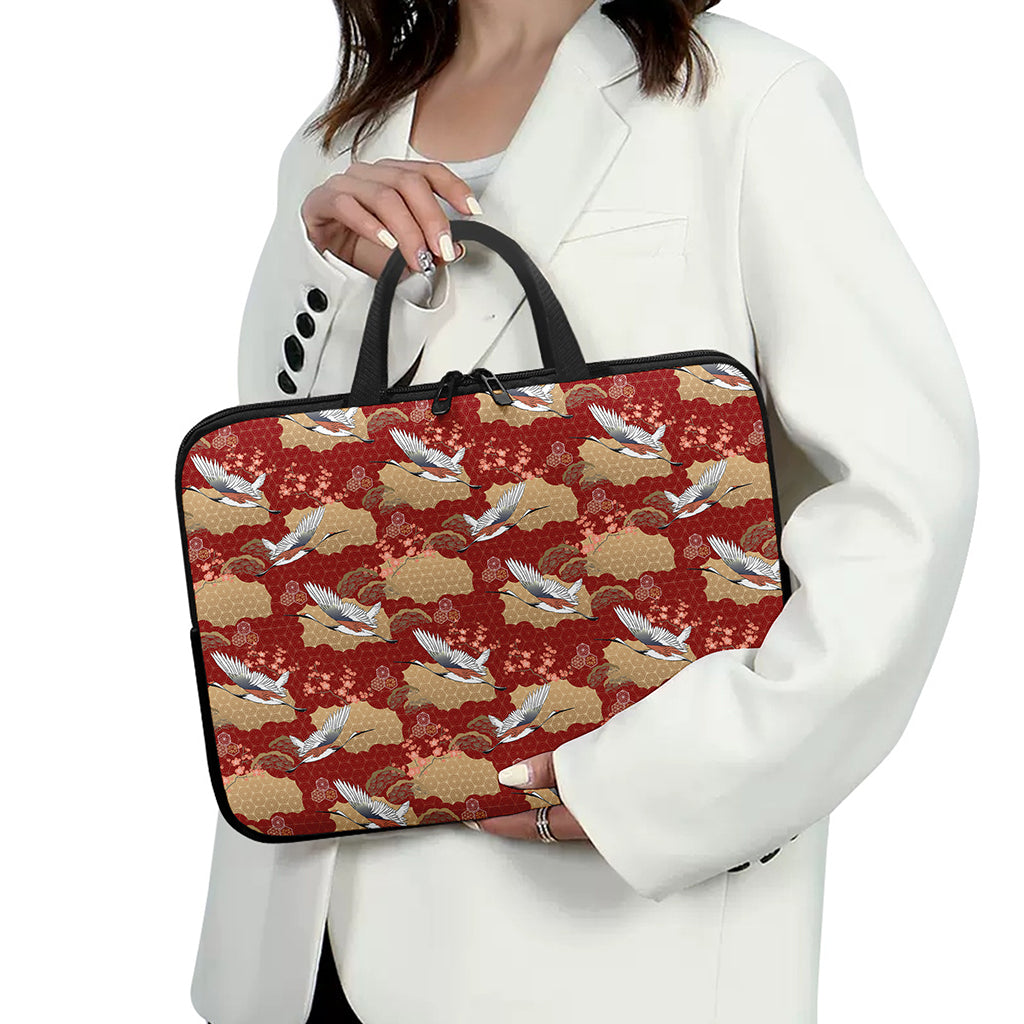 Crane Bird Kimono Pattern Print Laptop Sleeve With Handle