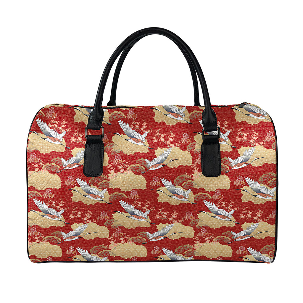 Crane Bird Kimono Pattern Print Leather Duffle Bag