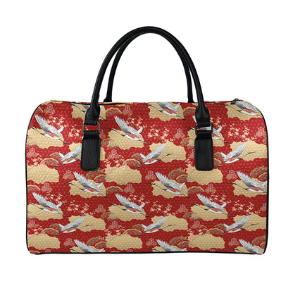 Crane Bird Kimono Pattern Print Leather Duffle Bag
