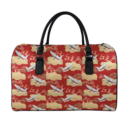 Crane Bird Kimono Pattern Print Leather Duffle Bag